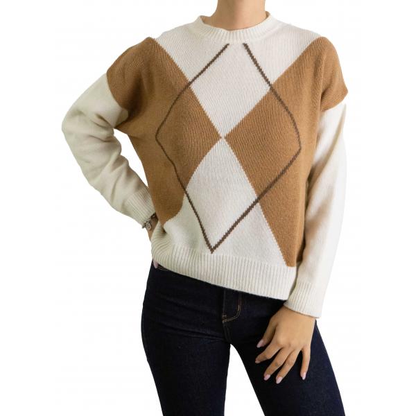 Maglione con rombi bicolore girocollo misto cashmere